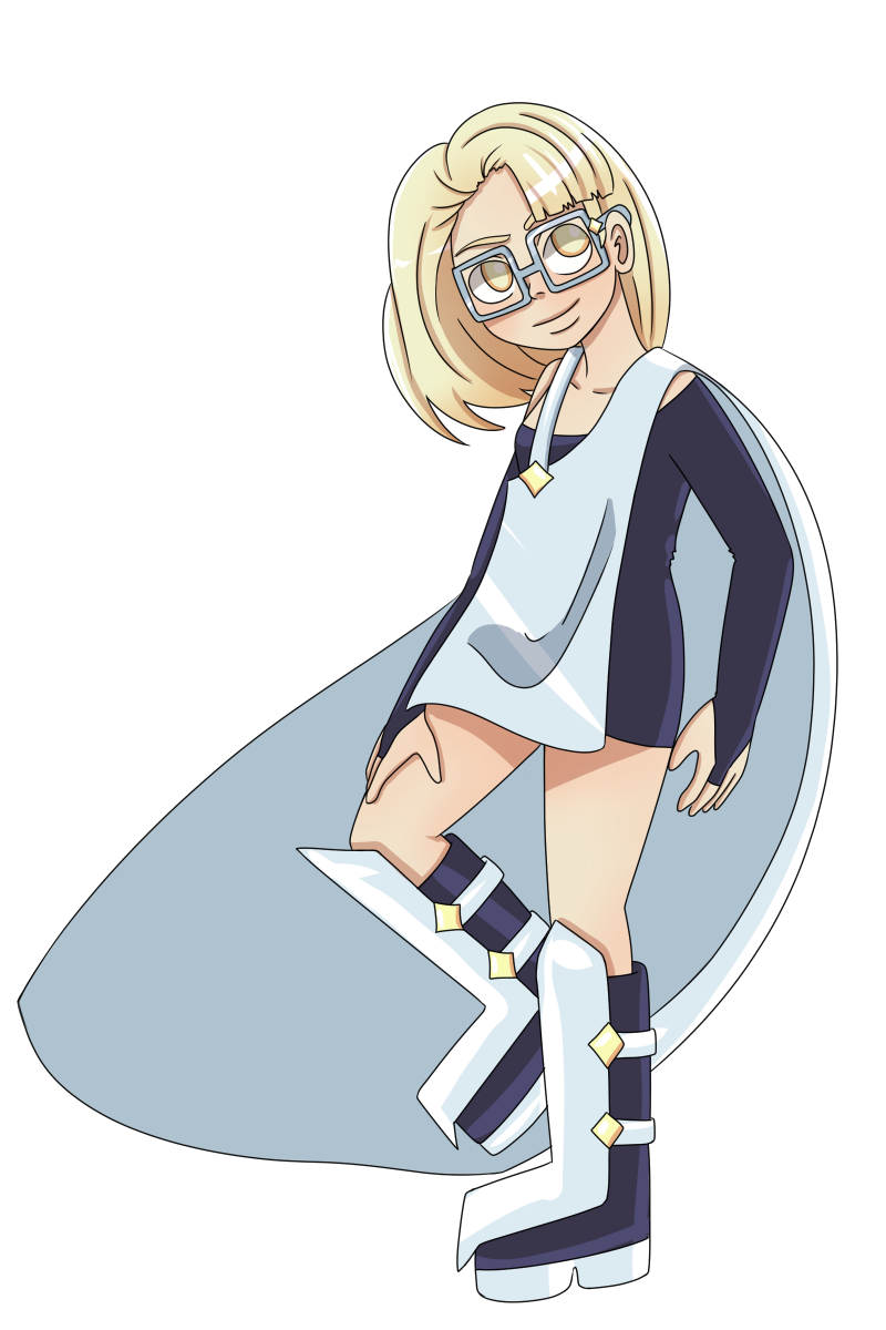 A picture of a blonde girl with glasses wearing a shiny cape.